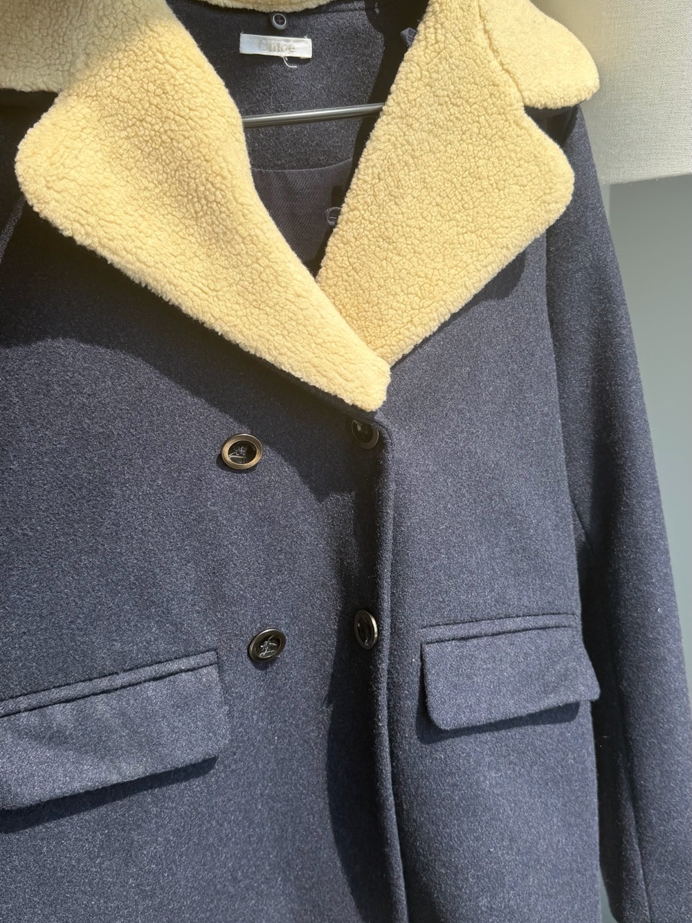 Chloe Navy Wool Pea Coat with Cream Sherpa Collar